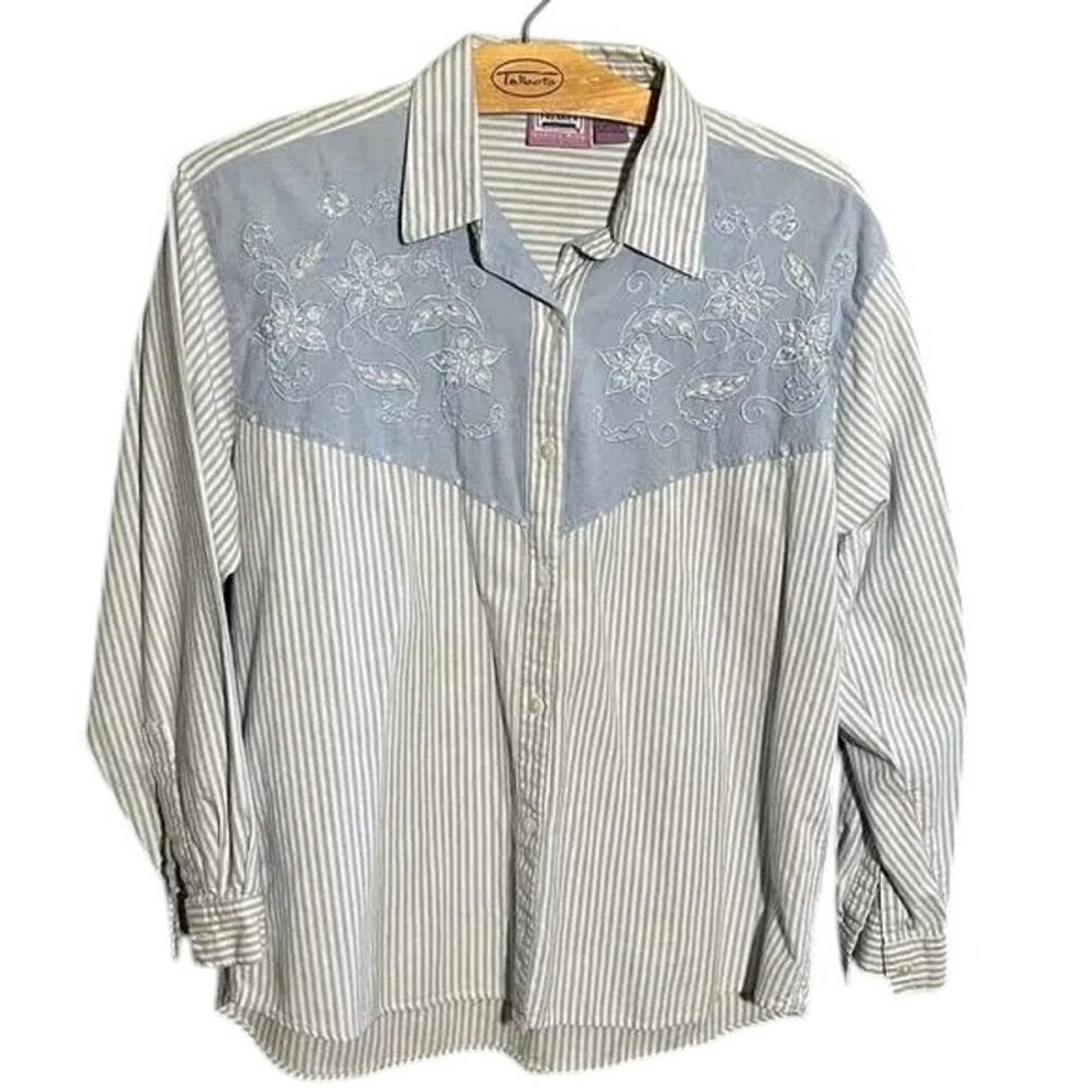 Premier International Embroidered Western Shirt XL Blue Striped Cotton